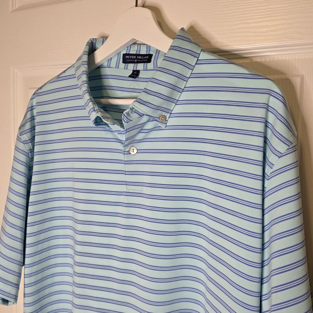 Peter Millar Crown Crafted Polo Mens XL Aqua Blue Striped Performance Stretch